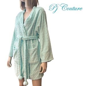 Pj Couture Kitten Soft Luxe robe Belted Aqua Pom Poms Pockets